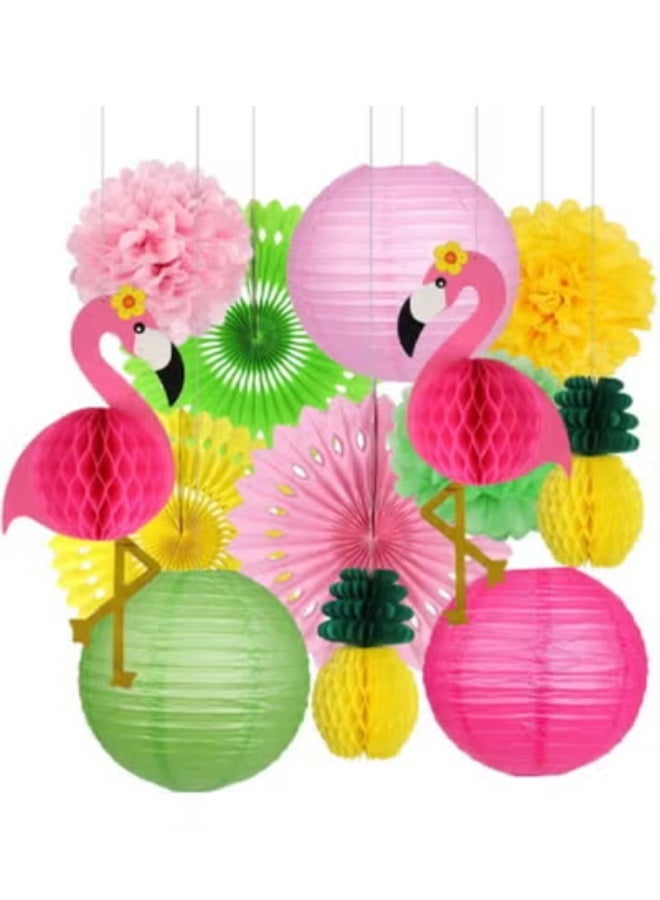 fantasize 13 PCS Hawaiian Style Pink Flamingo Paper Lamp Set Flowers Flamingo Paper Cuttings Fet Handmade Flamingo Wallpaper Painting for Wedding,Birthday,Baby's First Birthday Party Decoration - Image 1